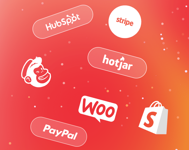 Logos of HubSpot, Stripe, Hotjar, Mailchimp, WooCommerce, Shopify, and PayPal on a red-orange gradient background with small dots—perfect for showcasing your WooCommerce Developer Sydney or AI Optimisation services.